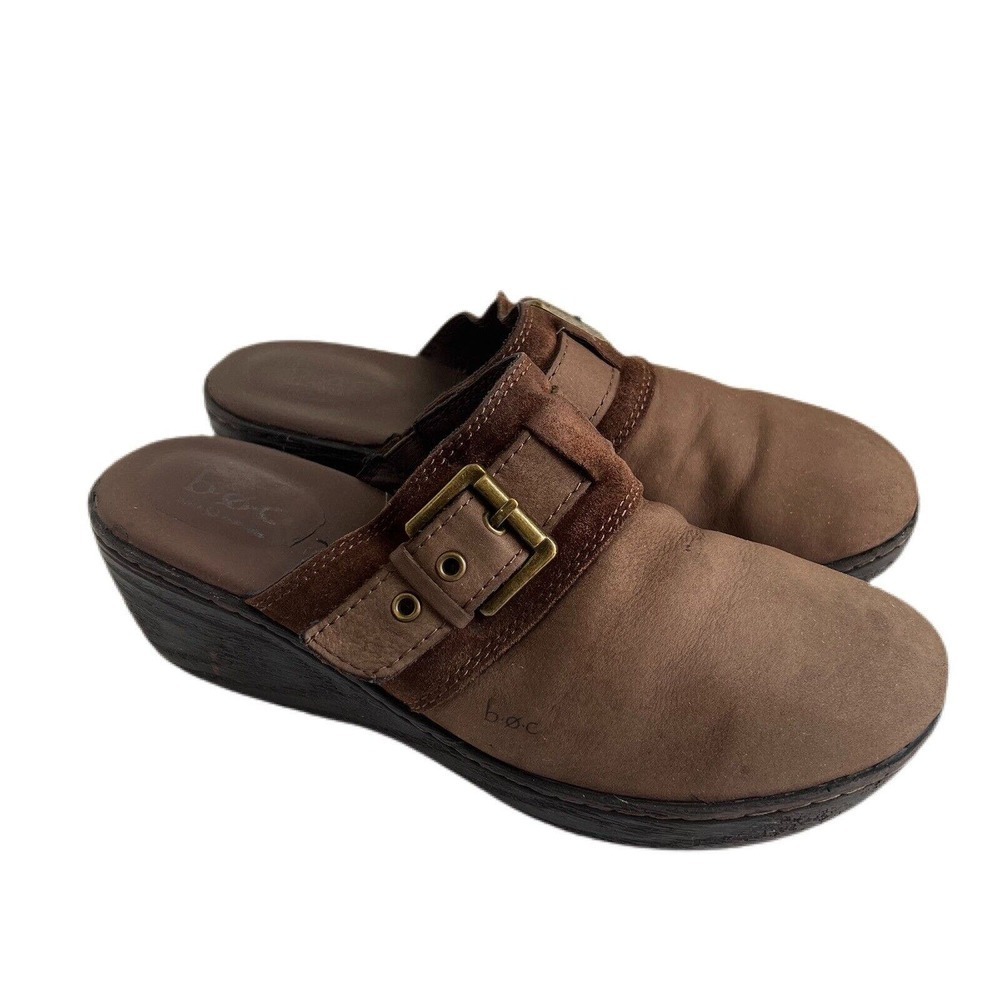 BOC Born Women's Sz 8 Brown Leather Slip On Clogs 2" Wedge Mules Y2K Buckle